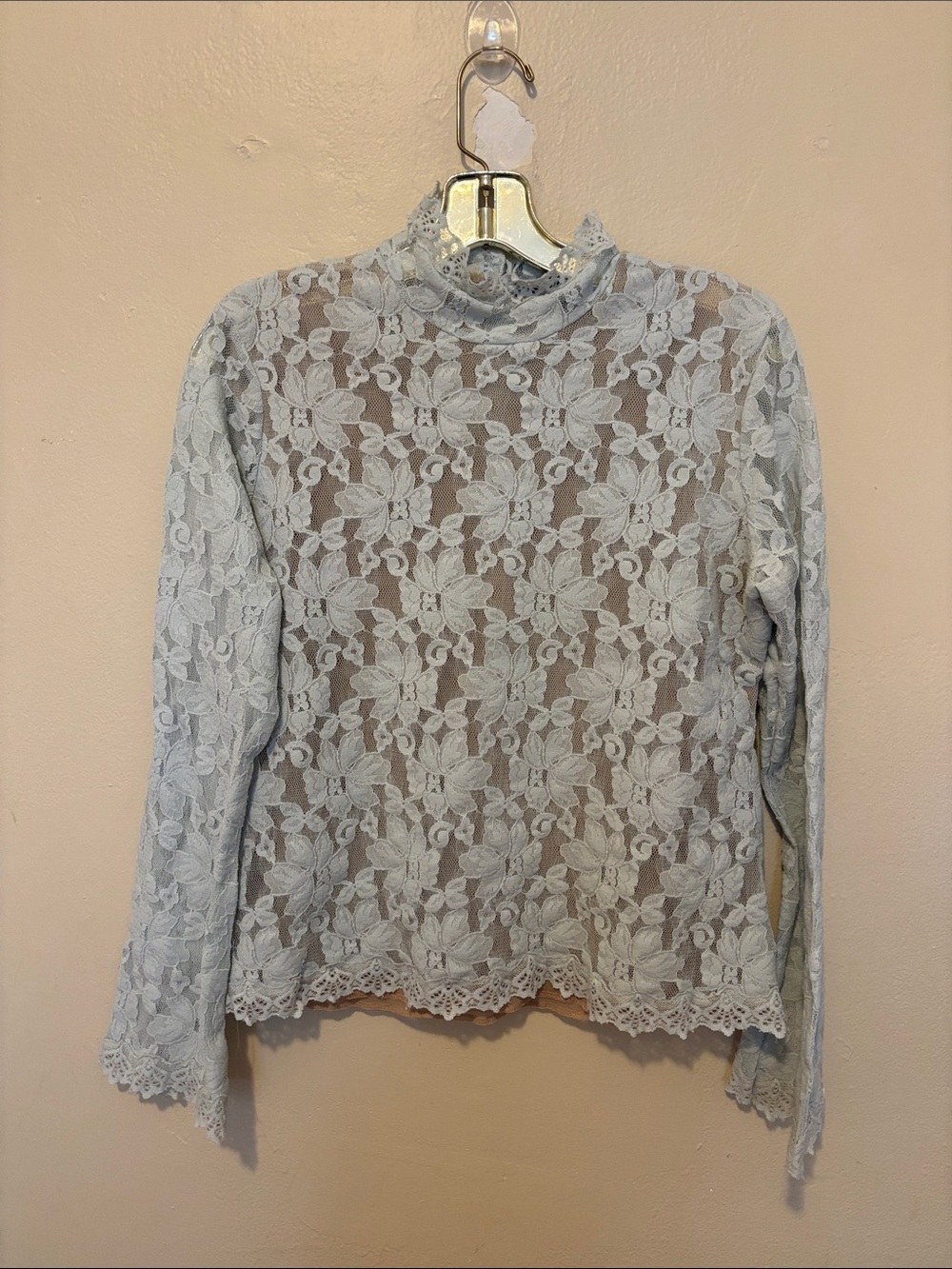 Moda International Pale Blue Floral Lace Mock Neck Long Sleeve Top